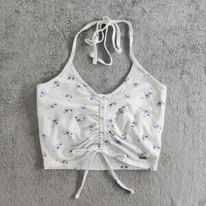 Hollister Top Women M Whit Blue Floral Tie Back Halter Ruched Crop Shelf Bra
